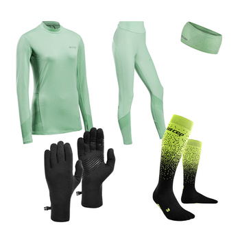 Damski zestaw Cold Wheather CEP - bluzka + legginsy + skarpety kompresyjne + opaska na uszy + rękawiczki merino